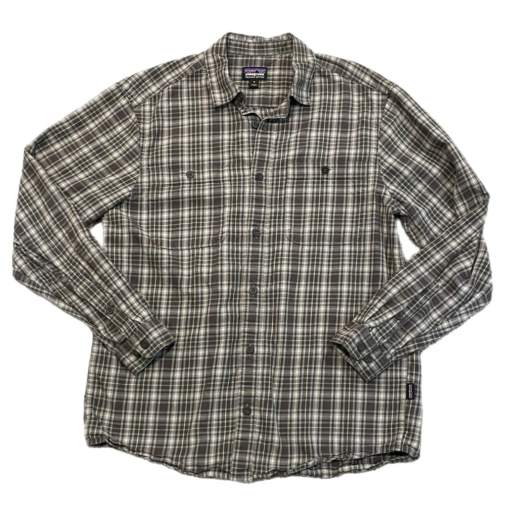 Mens Patagonia Gray Brown Fjord Flannel Plaid Shirt Organic Cotton Gray Medium